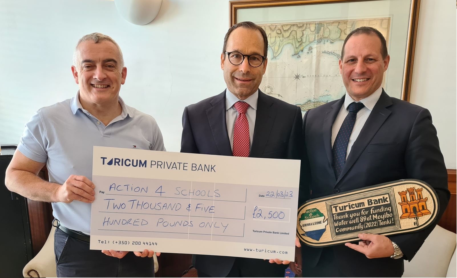 Turicum Private Bank (Gibraltar) funded well no. 89 and we presented them with a handcrafted plaque on World Water Day 22nd March 2023 