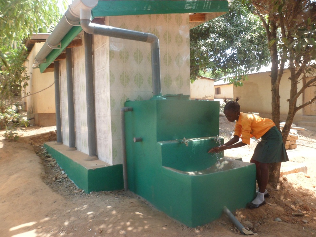 Demostrating hand washing after using the toilet
