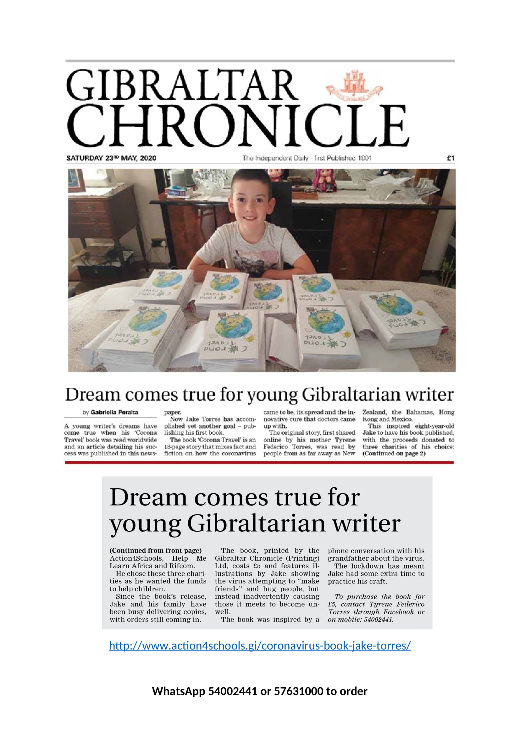 Front Page Gibraltar Chronicle 23rd May 2020 - Well done Jake !!