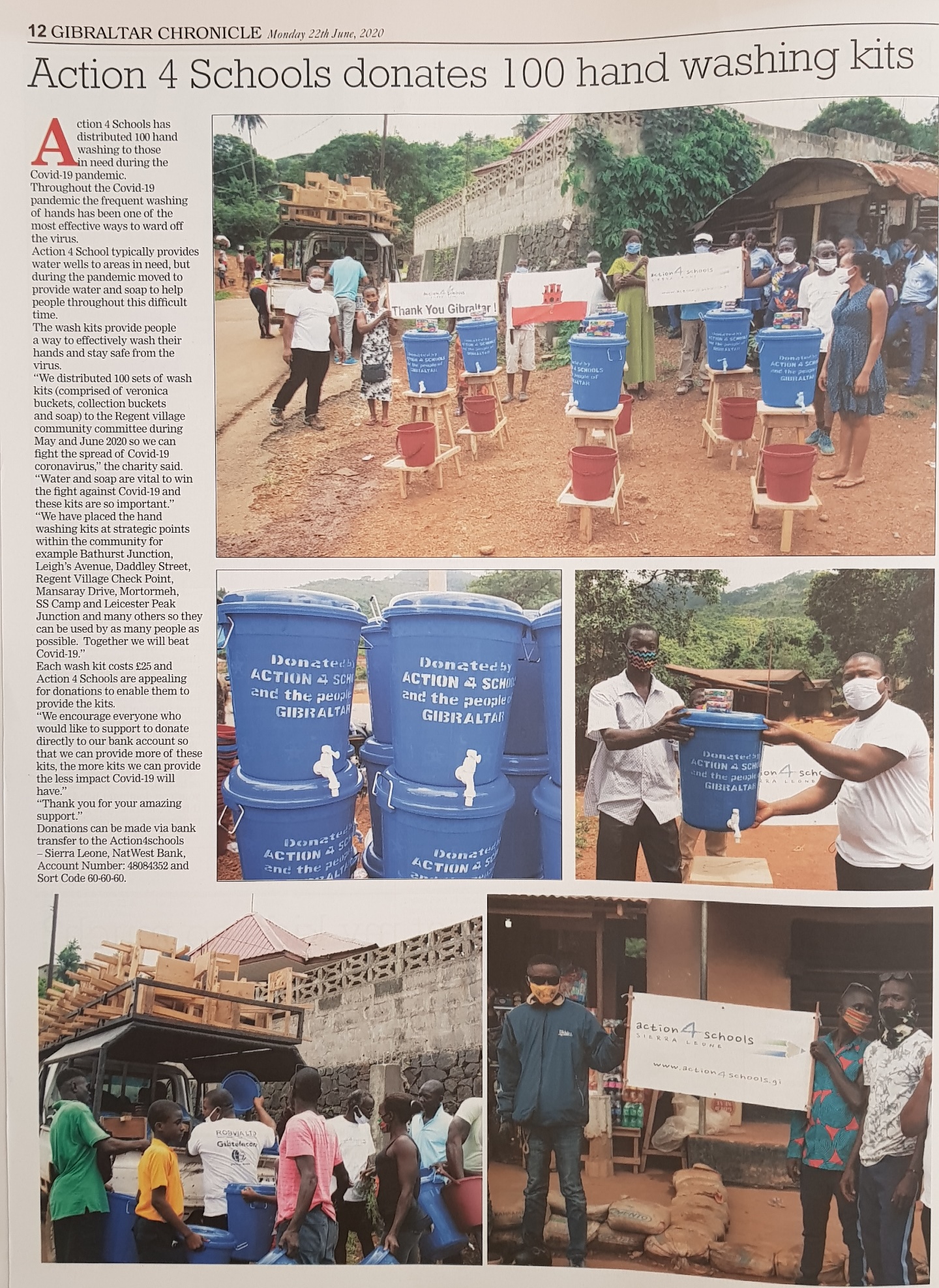 Gibraltar Chronicle 22nd June 2020 - 100 hand washing kits delivered !