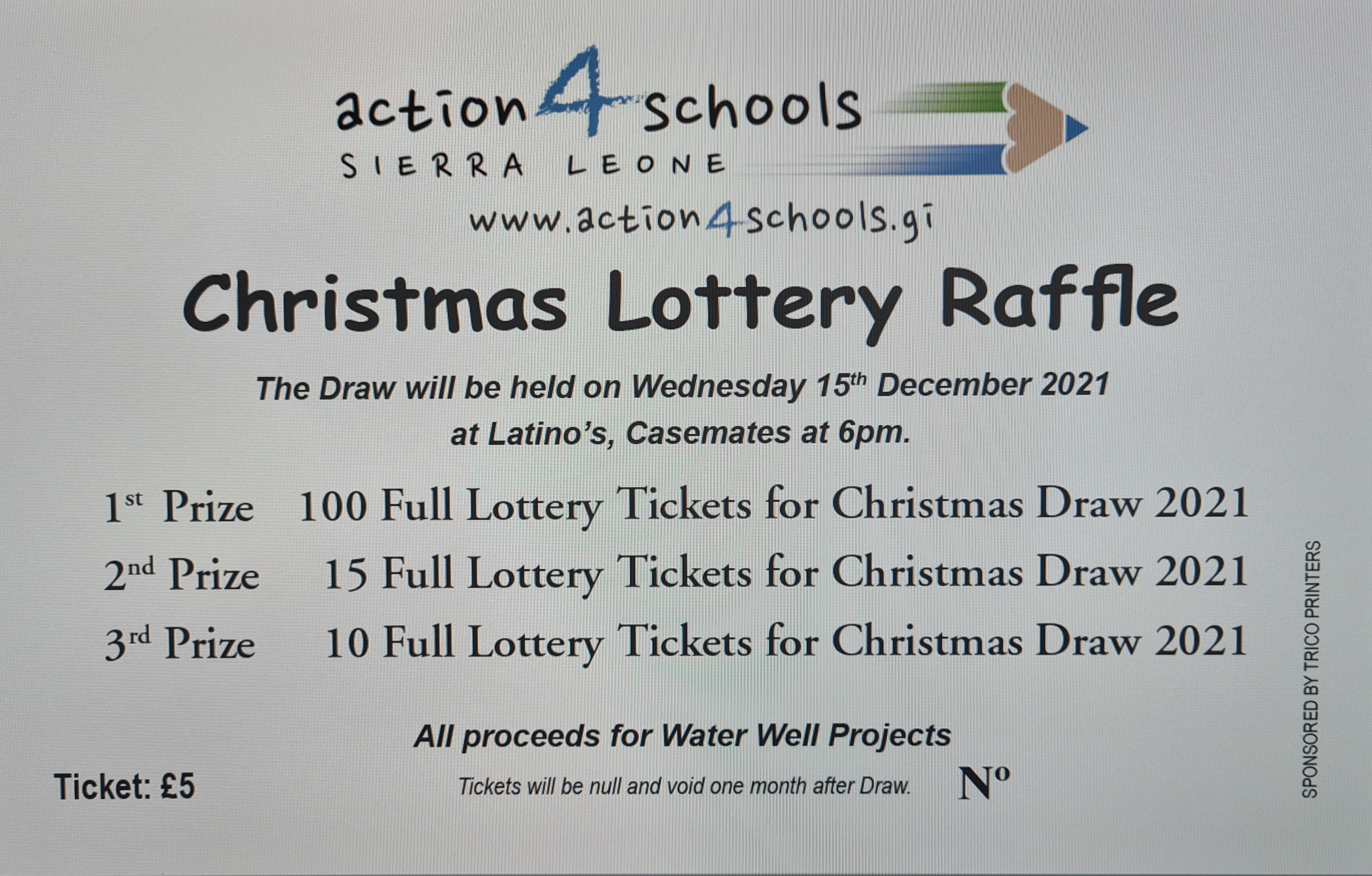 £5 a ticket and you could win £2,000 of lottery tickets for the £1m Christmas lottery draw and all proceeds are for our water well projects !